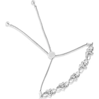 Haus Of Brilliance Silver Miracle Set Diamond Accented Infinity Hearts Adjustable Bolo Bracelet In Metallic
