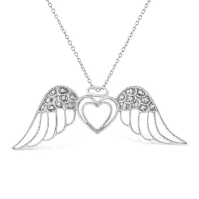 Haus Of Brilliance Silver Pave-set Diamond Accent Angel Wing Double Heart Pendant Necklace In Metallic