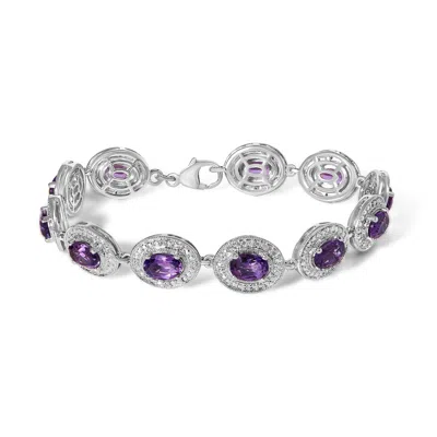 Haus Of Brilliance Sterling Silver 5x7 Mm Oval Purple Amethyst & Diamond Halo Link Bracelet In Metallic