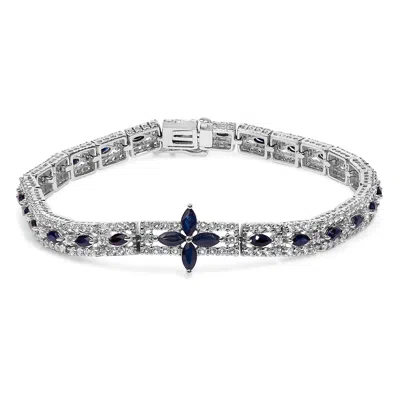 Haus Of Brilliance Sterling Silver Dark Blue Sapphire And Topaz Marquise Floral Art Deco Link Bracelet In Metallic