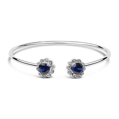 Haus Of Brilliance Sterling Silver Diamond Accent Created Blue Sapphire Floral Design Bangle Bracelet In Metallic