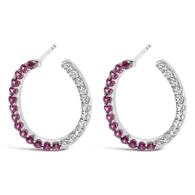 Haus Of Brilliance Sterling Silver Lab Created Ruby And White Sapphire Hoop Earrings In Metallic