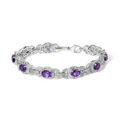 Haus Of Brilliance Sterling Silver Oval Purple Amethyst And Diamond Interlocking Halo Link Bracelet In Metallic