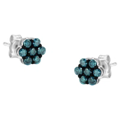 Haus Of Brilliance Sterling Silver Treated Blue Diamond Floral Stud Earrings In White