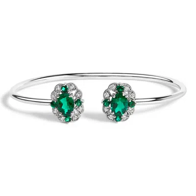 Haus Of Brilliance Sterling Silver White Topaz And Green Emerald Floral Bangle Bracelet In Metallic