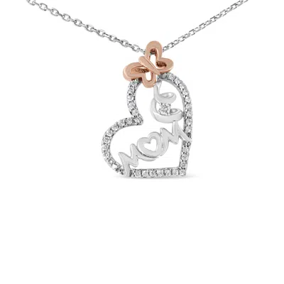Haus Of Brilliance Two Tone .925 Sterling Silver 1/5 Cttw Diamond "mom" And Heart Pendant Necklace In Multi