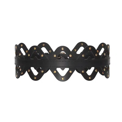 Haute Cuir Women's Black Rivetted Diamond Cutout Leather Belt