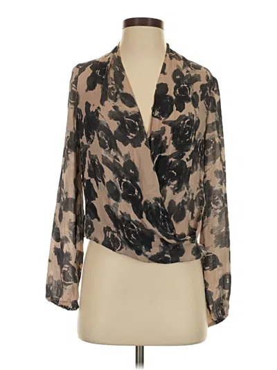 Pre-owned Haute Hippie 3/4 Sleeve Silk Top Tan Plunge Neckline Tops