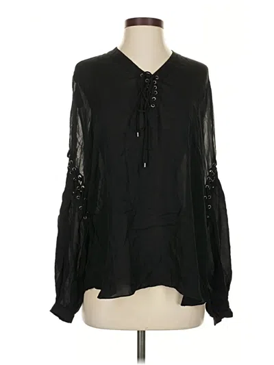 Pre-owned Haute Hippie Long Sleeve Silk Top Black Keyhole Neckline Tops