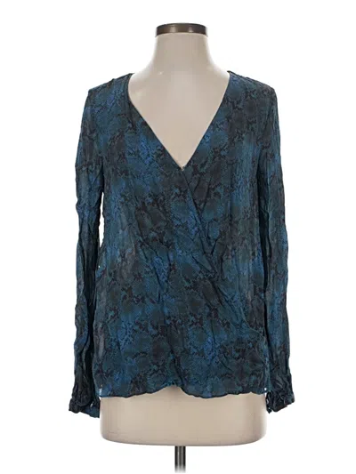 Pre-owned Haute Hippie Long Sleeve Silk Top Blue Plunge Neckline Tops