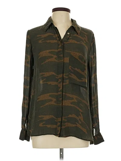 Pre-owned Haute Hippie Long Sleeve Silk Top Brown Camo Pattern Mock Neckline Tops