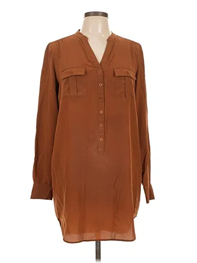 Pre-owned Haute Hippie Long Sleeve Silk Top Brown Open Neckline Tops