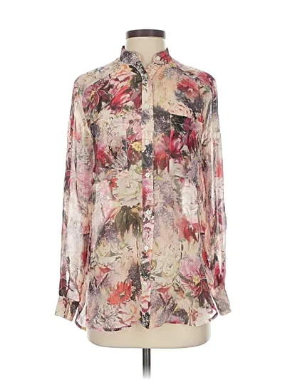 Pre-owned Haute Hippie Long Sleeve Silk Top Ivory Floral Pattern Tie Neck Tops In White