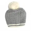 Haute Shore Women's Cabin Cable Beanie In Grey And White Stripe/white Pom In Brown