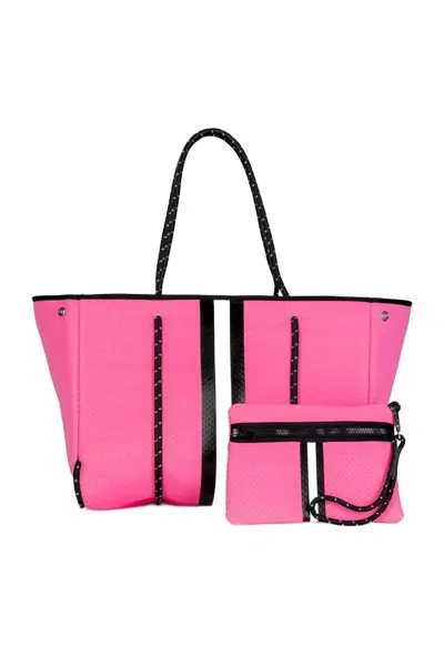 Haute Shore Women's Greyson Hills Tote Bag In Neon Pink/black & White Stripe In Multi