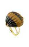 Haute Victoire 18k Yellow Gold Tigerâ€™s Eye Ring In Brown