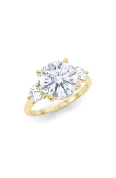 Hautecarat Three Stone Round Cut Lab Created Diamond Ring In 4.00 Ctw 18k Yellow Gold
