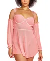 Hauty Plus Size 2pc Bbydoll Lingerie Set In Sheer Soft Mesh And Attached Off The Shoulder Sleevets In Pink