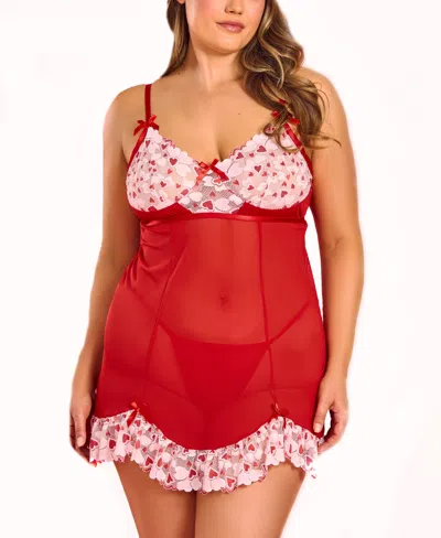 Hauty Plus Size 2pc Heart Lace And Princess Seam Babydoll Set Lingerie In Multi