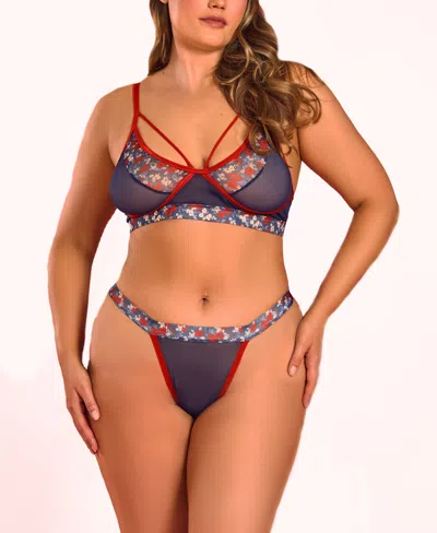 Hauty Plus Size Fine Mesh And Printed Floral 2pc Bralette And Panty Set Lingerie In Multi