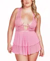 Hauty Plus Size Lace Plunge Neck Babydoll And Panty 2 Pc Lingerie Set In Pink