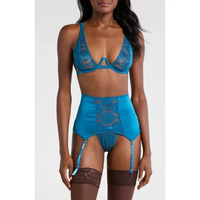 Hauty Sun Kissed Underwire Bra, G-string & Garter Belt Set In Blue