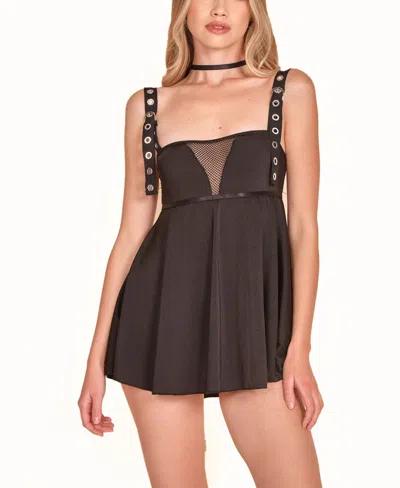 Hauty Women's 1pc Babydoll Lingerie With Twill Straps And Working Silver Buckles In Black