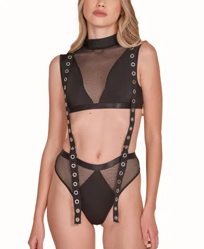 Hauty Women's 2pc Mock And Panty Lingerie Set Attached With Twill Straps And Working Silver Buckles In Black