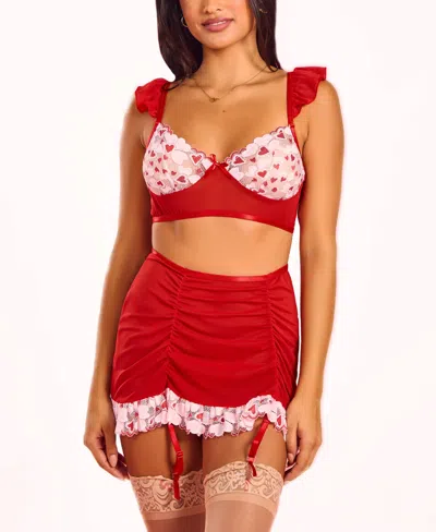 Hauty Women's 3pc Heart Lace & Ruffle Bralette And Mini Set Lingerie In Red