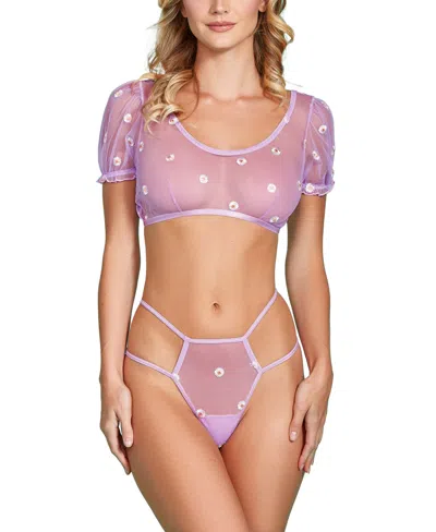 Hauty Women's Sheer Daisy Embroidery Lingerie Set In Lilac