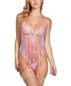 Hauty Womens 1pc Lingerie Bodysuit Patterned With Mesh Lace And Bow Accents. In Pink
