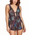 Hauty Womens 2 Pc Lingerie Printed Butterfly Chiffon Bbydoll And Panty In Black