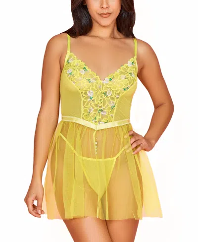 Hauty Womens 2 Pc Organza Bbydoll Lingerie Set With Floral Laced Bodice In Yellow