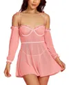 Hauty Plus Size 2pc Bbydoll Lingerie Set In Sheer Soft Mesh And Attached Off The Shoulder Sleevets In Pink