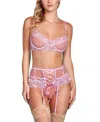 Hauty Womens 3 Pc Lingerie Set Patterned In Lace Trimmed Garter Skirt And Bra With Pink Lace Down Ribbon In Pink