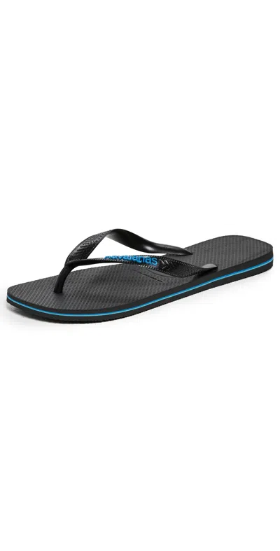 Havaianas Logo Filete Flip Flops Black/blue In Animal Print