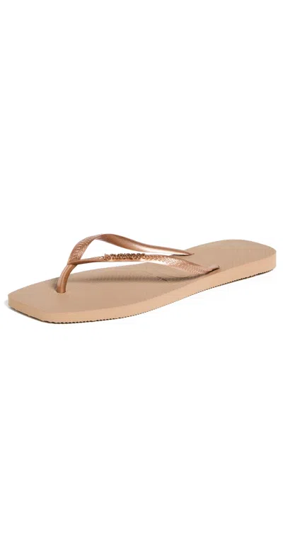 Havaianas Slim Square Logo Metallic Flip Flops Rose Gold
