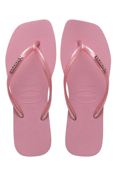 Havaianas Slim Square Toe Metallic Logo Flip Flops In Pink