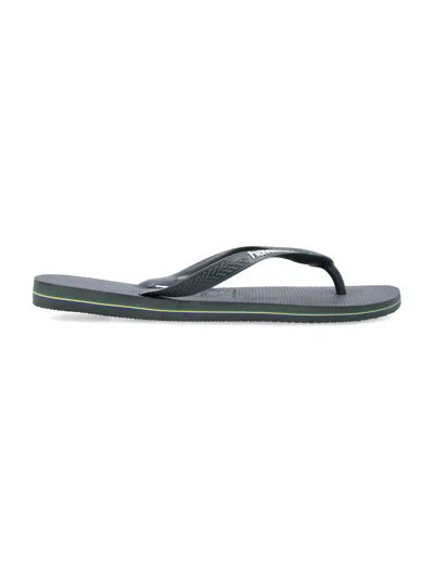 Havaianas Unisex Brasil Logo Rubber Flip-flops With Striped Sole In Green Olive