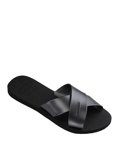 Havaianas Women's Aqua Metallic Crisscross Slide Sandals In Black