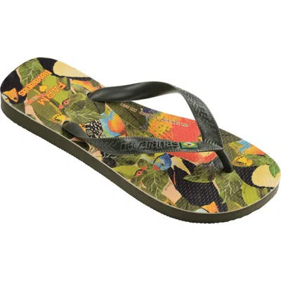 Havaianas X Farm Rio Bird Jungle Flip Flop In Green Olive