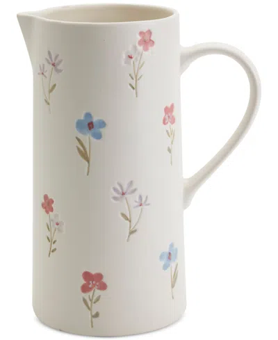 Haven 10" Floral Stoneware Pitcher In White With Floral Debossed
