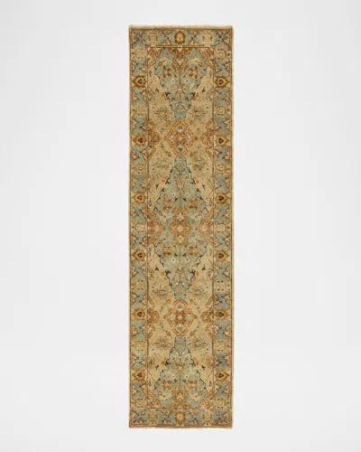 Haven & Loom Damask On Blue Hand-knotted Oushak Rung, 3' X 10'
