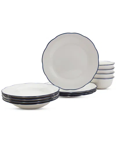 Haven Blue Rim Scalloped 12 Pc. Dinnerware Set, Service For 4 In White