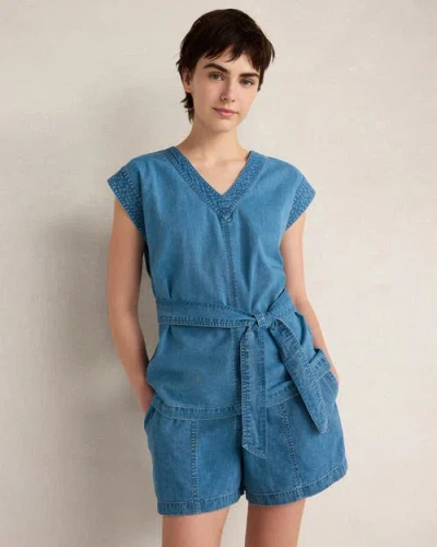 Haven Well Within Organic Cotton Denim V-neck Belted Top In Blue