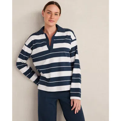 Haven Well Within Organic Cotton Interlock Stripe Johnny Collar Top In Blue