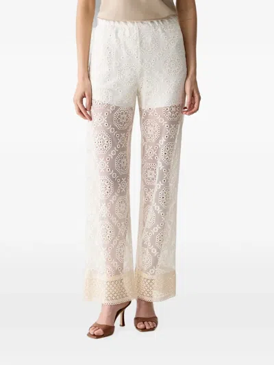 Haveone Broderie-anglaise Lace-trim Straight Trousers In Neutral