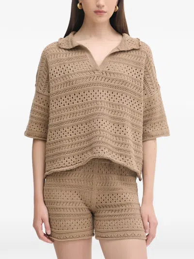 Haveone Crochet-knit Short-sleeve Shorts & Top Set In Neutral
