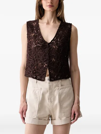Haveone Floral-lace V-neck Top In Brown