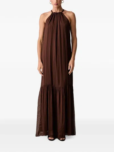 Haveone Gathered-neck Tiered Maxi Dress In Brown